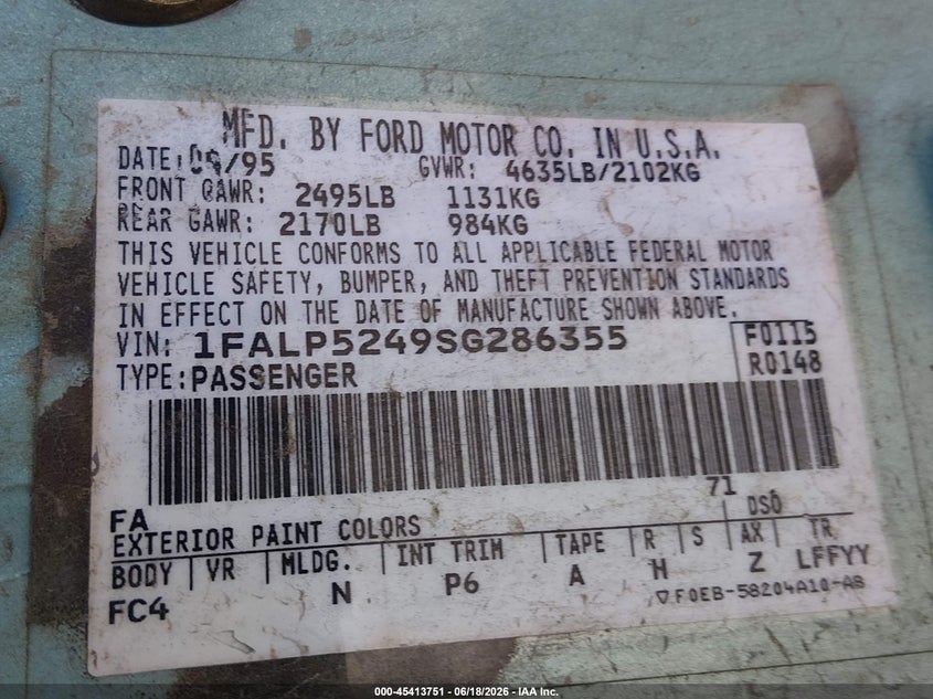 1995 Ford Taurus VIN 1FALP5249SG286355 IAAI salvage auction — BIO HAZARD, Bill Of Sale (Washington), sold $50 on 2026-07-08 (photo 9)