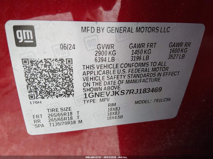 2024 Chevrolet Traverse VIN 1GNEVJKS7RJ183469 IAAI salvage auction — FRONT END, Salvage (West Virginia), sold $10,400 on 2026-07-29 (photo 9)