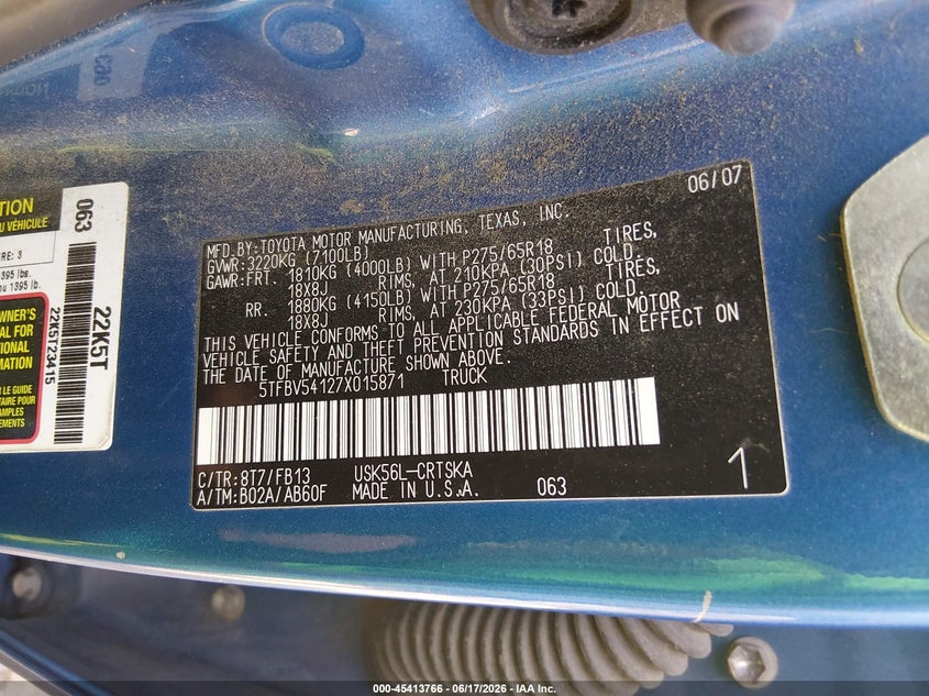 2007 Toyota Tundra VIN 5TFBV54127X015871 IAAI salvage auction — FRONT END, Salvage (Colorado), sold $2,700 on 2026-07-28 (photo 9)