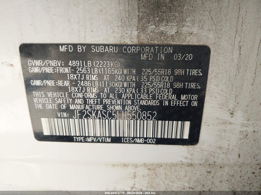 2020 Subaru Forester VIN JF2SKASC5LH550852 IAAI salvage auction — FRONT END, Salvage (Vermont), sold $2,350 on 2026-07-15 (photo 9)