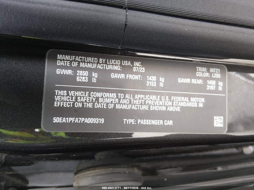2023 Lucid Air VIN 50EA1PFA7PA009319 IAAI salvage auction — RIGHT SIDE, Salvage (California), sold $11,475 on 2026-07-15 (photo 9)