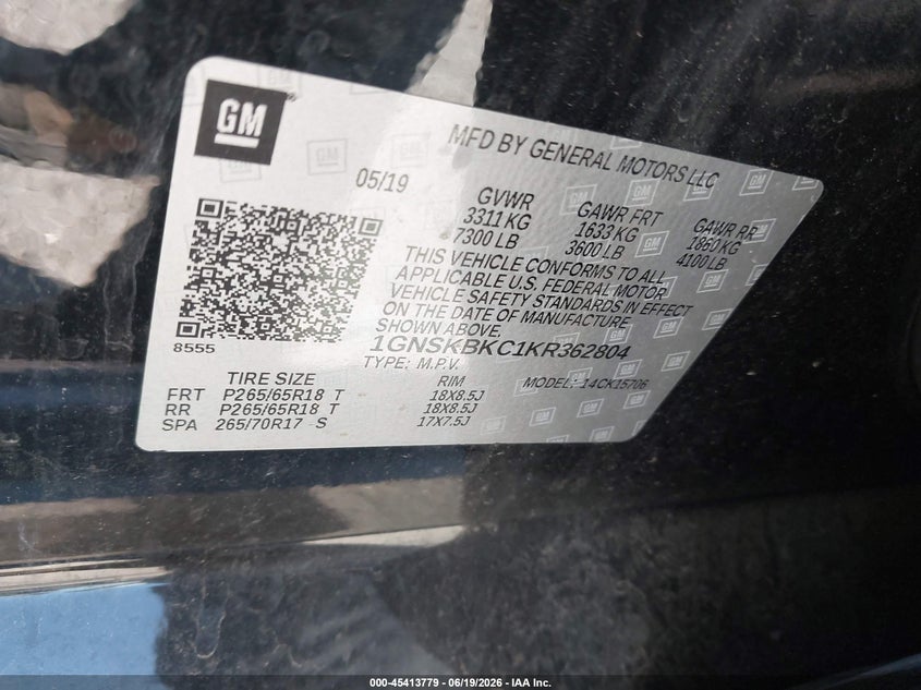 2019 Chevrolet Tahoe VIN 1GNSKBKC1KR362804 IAAI salvage auction — FRONT END, Salvage Title, sold $6,000 on 2026-07-25 (photo 9)