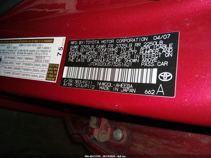 2007 Toyota Prius VIN JTDKB20U573261621 IAAI salvage auction — LEFT FRONT, Salvage (Arizona), sold $325 on 2026-07-21 (photo 9)