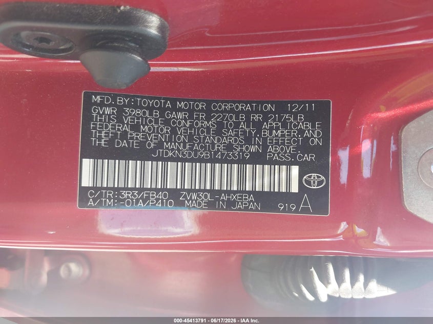 2011 Toyota Prius VIN JTDKN3DU9B1473319 IAAI salvage auction — RIGHT SIDE, Salvage (Pennsylvania), sold $525 on 2026-07-08 (photo 9)