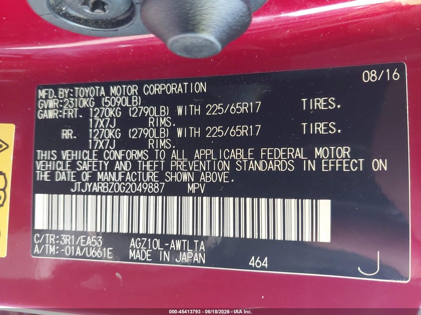 2016 Lexus Nx VIN JTJYARBZ0G2049887 IAAI salvage auction — RIGHT FRONT, Rebuildable (Florida), sold $3,125 on 2026-07-30 (photo 9)