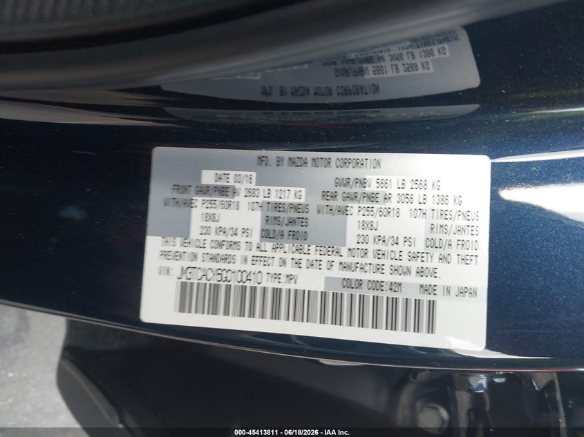 2016 Mazda Cx-9 VIN JM3TCACY6G0100410 IAAI salvage auction — RIGHT FRONT, Salvage (North Carolina), sold $2,750 on 2026-07-15 (photo 9)