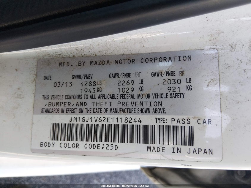 2014 Mazda 6 VIN JM1GJ1V62E1118244 IAAI salvage auction — RIGHT FRONT, Salvage (South Carolina), sold $625 on 2026-07-22 (photo 9)