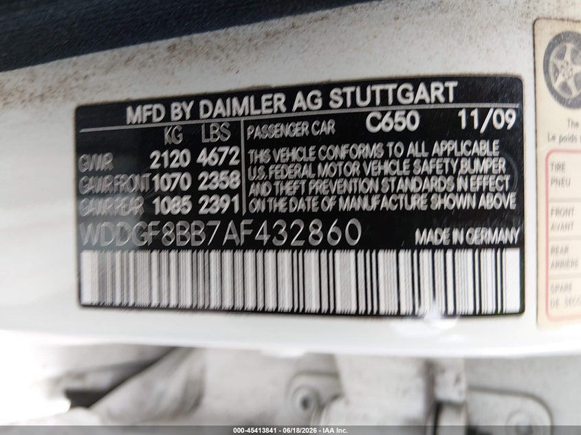 2010 Mercedes-benz C-klasse VIN WDDGF8BB7AF432860 IAAI salvage auction — LEFT SIDE, Salvage (Pennsylvania), sold $1,250 on 2026-07-07 (photo 9)