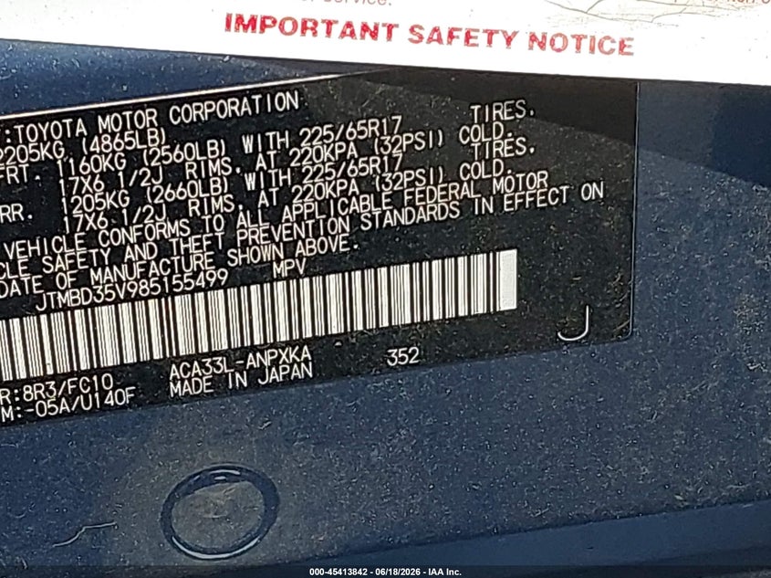 2008 Toyota Rav4 VIN JTMBD35V985155499 IAAI salvage auction — FRONT END, Mv-907A (New York), sold $675 on 2026-07-28 (photo 9)