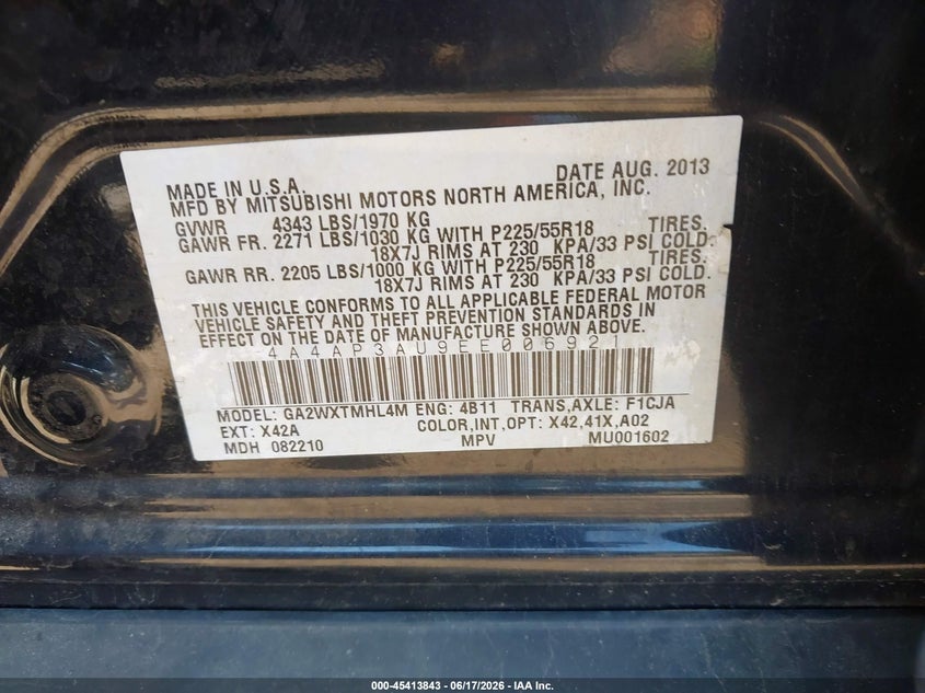 2014 Mitsubishi VIN 4A4AP3AU9EE006921 IAAI salvage auction — FRONT END, Salvage - Greater Than 75% (Maryland), sold $775 on 2026-07-11 (photo 9)