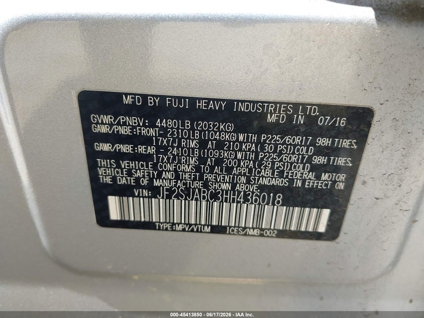 2017 Subaru Forester VIN JF2SJABC3HH436018 IAAI salvage auction — NORMAL WEAR, Clear - Dealer Only (California), sold $1,500 on 2026-07-21 (photo 9)