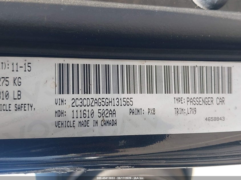 2016 Dodge Challenger VIN 2C3CDZAG5GH131565 IAAI salvage auction — LEFT & RIGHT, Salvage (California), sold $2,350 on 2026-07-09 (photo 9)