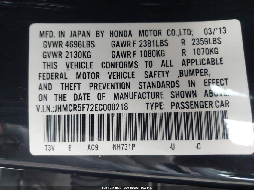 2014 Honda VIN JHMCR5F72EC000218 IAAI salvage auction — RIGHT FRONT, Salvage (California), sold $525 on 2026-07-27 (photo 9)