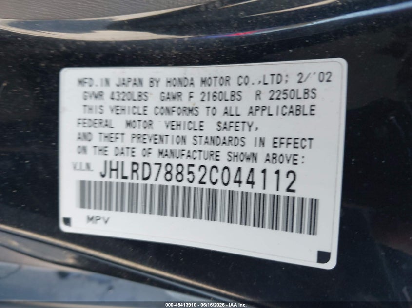 2002 Honda Cr-v VIN JHLRD78852C044112 IAAI salvage auction — NORMAL WEAR, Clear - Dealer Only (California), sold $825 on 2026-07-27 (photo 9)