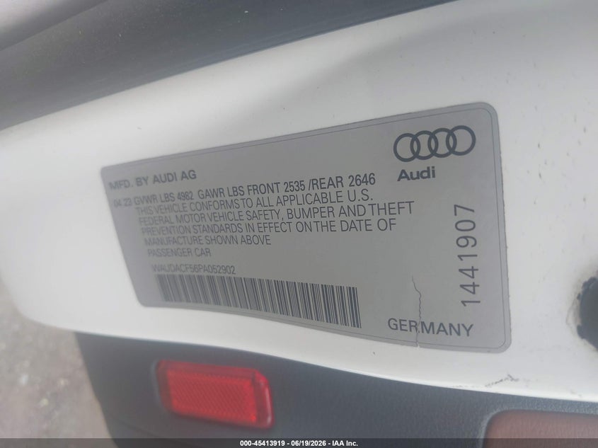 2023 Audi A5 sportback VIN WAUDACF56PA052902 IAAI salvage auction — SIDE, Mv-907A (New York), sold $13,600 on 2026-09-01 (photo 9)