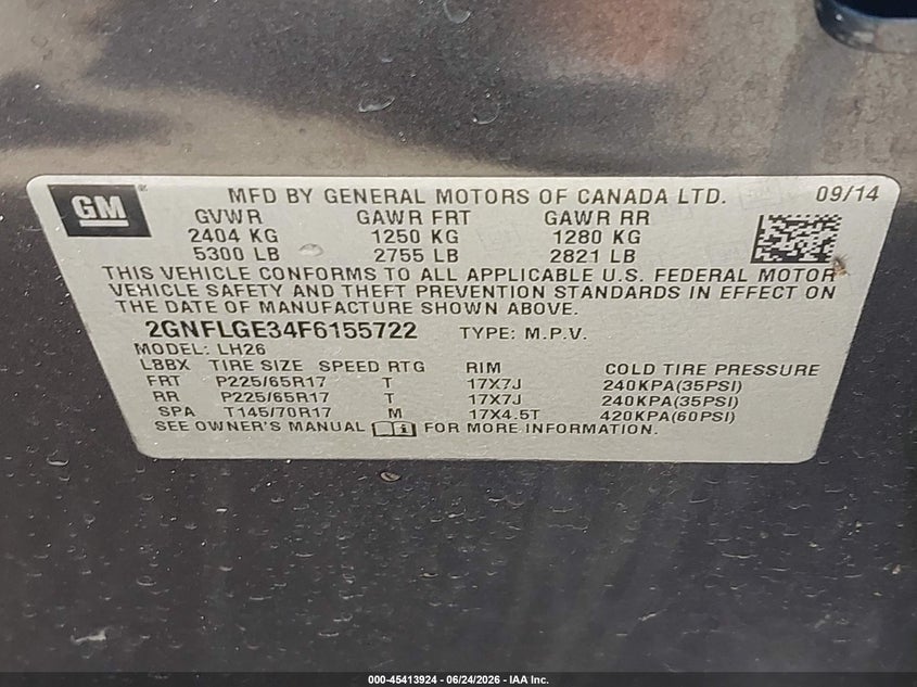2015 Chevrolet Equinox VIN 2GNFLGE34F6155722 IAAI salvage auction — REAR END, Clear (Indiana), sold $600 on 2026-08-01 (photo 9)