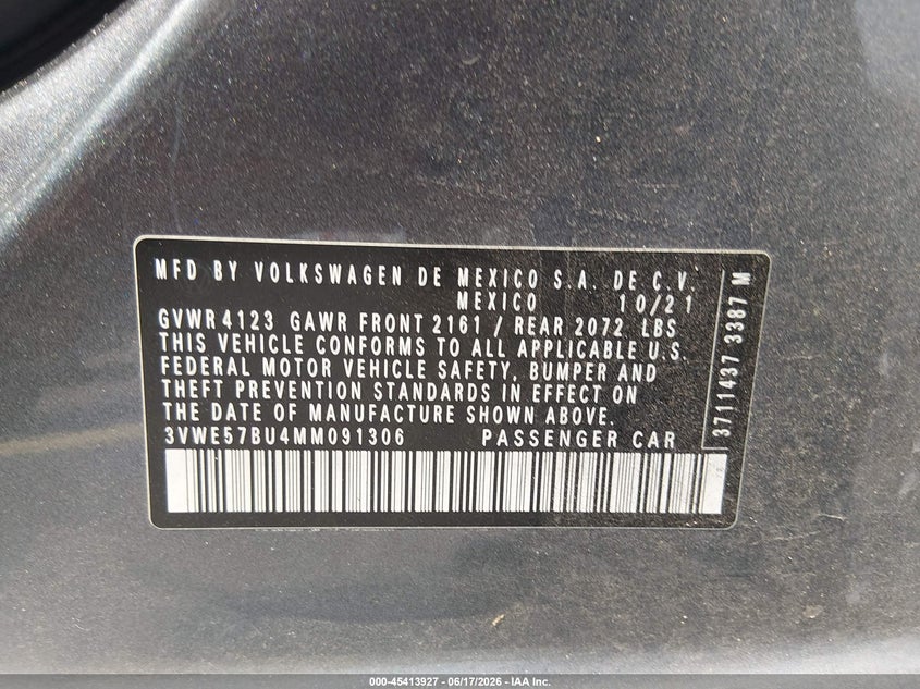 2021 Volkswagen Jetta VIN 3VWE57BU4MM091306 IAAI salvage auction — REAR END, Salvage Title, sold $4,100 on 2026-07-18 (photo 9)