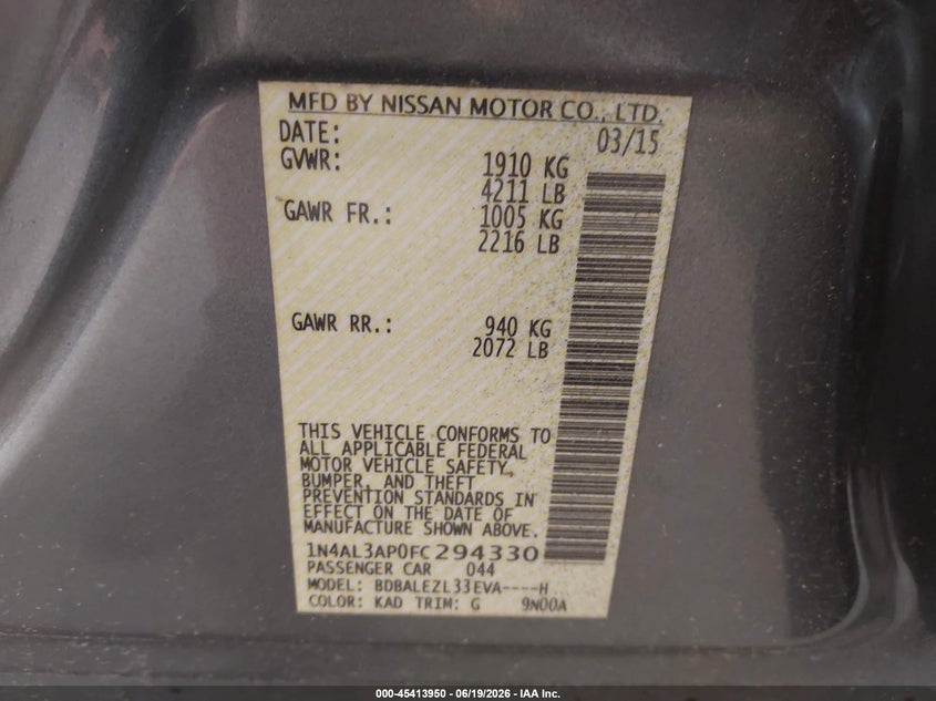 2015 Nissan Altima VIN 1N4AL3AP0FC294330 IAAI salvage auction — FRONT END, Salvage (North Carolina), sold $375 on 2026-07-19 (photo 9)