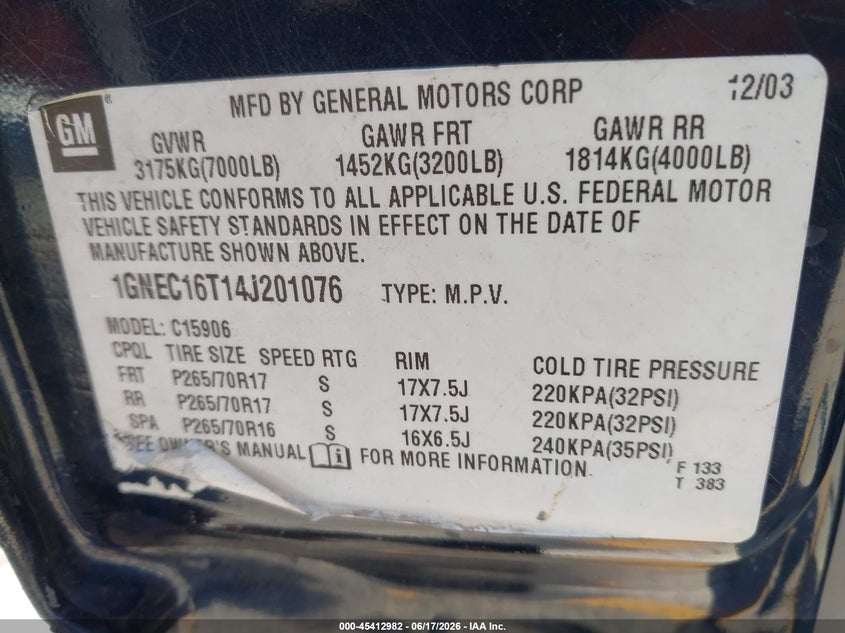 2004 Chevrolet Suburban 1500 VIN 1GNEC16T14J201076 IAAI salvage auction — NORMAL WEAR, Clear - Dealer Only (California), sold $675 on 2026-07-07 (photo 9)