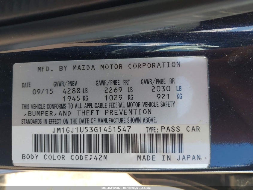 2016 Mazda 6 VIN JM1GJ1U53G1451547 IAAI salvage auction — FRONT END, Salvage (Virginia), sold $1,225 on 2026-07-21 (photo 9)