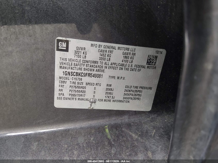 2015 Chevrolet Tahoe VIN 1GNSCBKC9FR549081 IAAI salvage auction — FRONT END, Salvage (Tennessee), sold $2,400 on 2026-07-10 (photo 9)