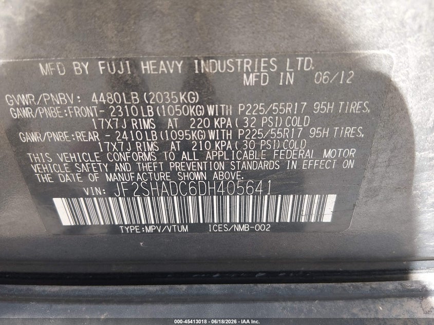 2013 Subaru Forester VIN JF2SHADC6DH405641 IAAI salvage auction — LEFT SIDE, Salvage (Colorado), sold $250 on 2026-07-28 (photo 9)