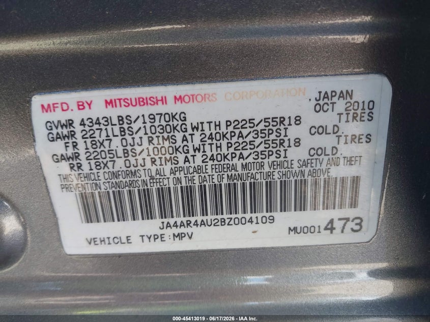 2011 Mitsubishi Outlander sport VIN JA4AR4AU2BZ004109 IAAI salvage auction — FRONT END, Original (Maine), sold $475 on 2026-07-15 (photo 9)