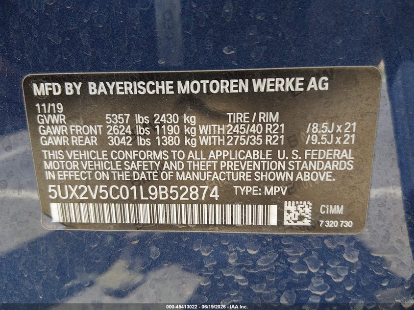 2020 BMW X4 VIN 5UX2V5C01L9B52874 IAAI salvage auction — NORMAL WEAR, Clear (Arizona), sold $23,150 on 2026-07-17 (photo 9)