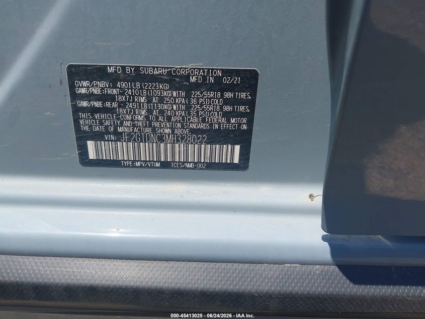 2021 Subaru Xv VIN JF2GTDNC3MH328022 IAAI salvage auction — REAR END, Salvage (Nebraska), sold $5,950 on 2026-07-23 (photo 9)