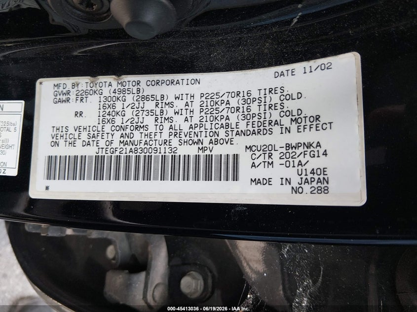 2003 Toyota Highlander VIN JTEGF21A830091132 IAAI salvage auction — NORMAL WEAR, Clear - Dealer Only (California), sold $550 on 2026-07-09 (photo 9)