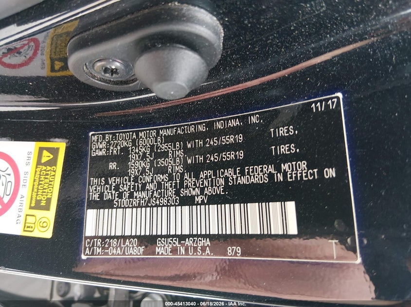 2018 Toyota Highlander VIN 5TDDZRFH7JS498303 IAAI salvage auction — BIO HAZARD, Salvage (Kentucky), sold $250 on 2026-07-29 (photo 9)