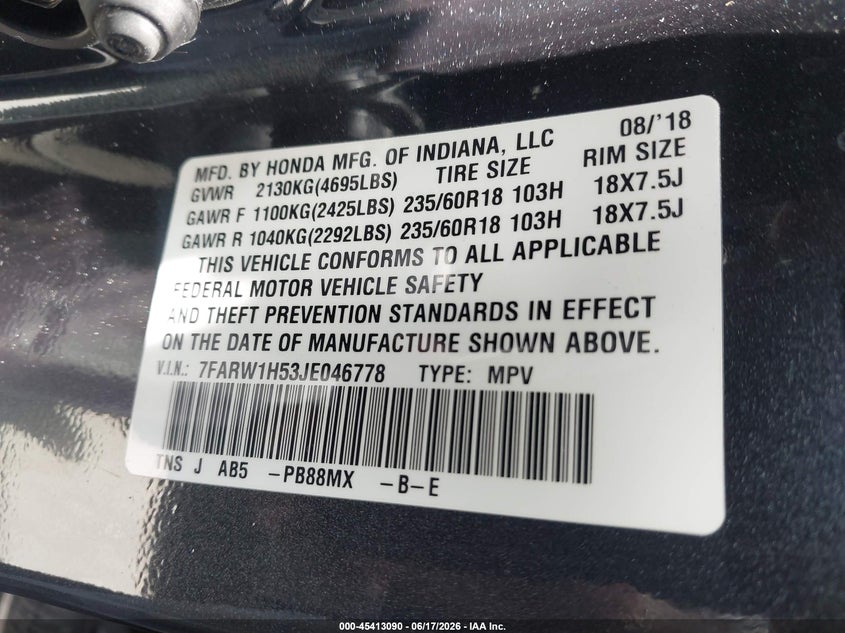 2018 Honda Cr-v VIN 7FARW1H53JE046778 IAAI salvage auction — RIGHT SIDE, Salvage (California), sold $6,200 on 2026-07-06 (photo 9)