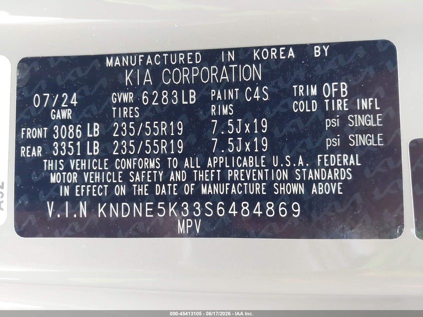 2025 Kia VIN KNDNE5K33S6484869 IAAI salvage auction — FRONT END, Salvage Title, sold $18,100 on 2026-07-16 (photo 9)