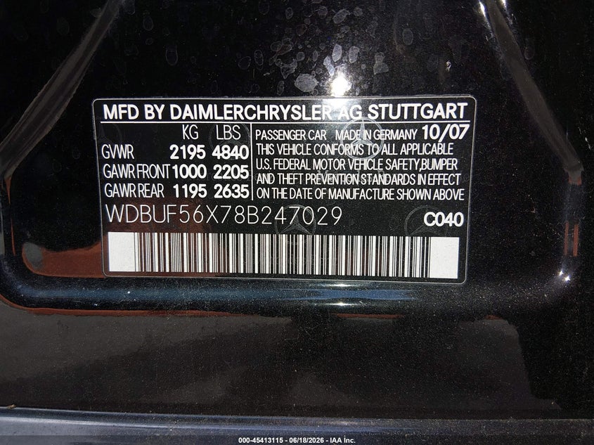 2008 Mercedes-benz E-class VIN WDBUF56X78B247029 IAAI salvage auction — NORMAL WEAR, Clear - Dealer Only (California), sold $475 on 2026-07-22 (photo 9)