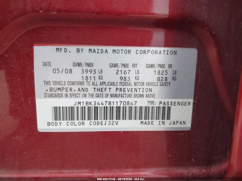 2008 Mazda 3 VIN JM1BK344781170847 IAAI salvage auction — FRONT END, Parts Only Bos (Minnesota), sold $225 on 2026-07-13 (photo 9)