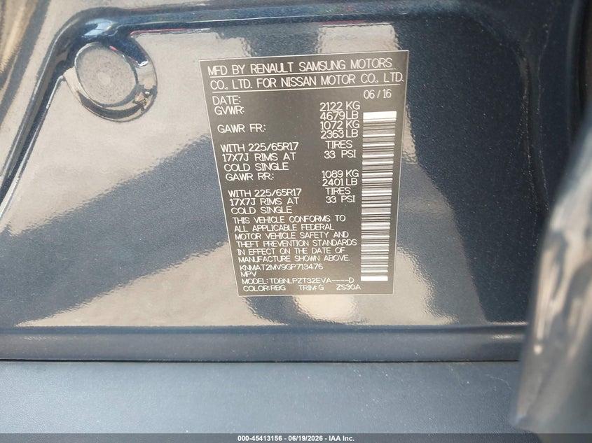 2016 Nissan Rogue VIN KNMAT2MV9GP713476 IAAI salvage auction — FRONT END, Salvage Title, sold $800 on 2026-07-28 (photo 9)