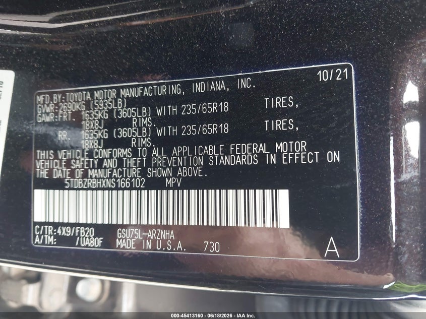 2022 Toyota Highlander VIN 5TDBZRBHXNS166102 IAAI salvage auction — RIGHT FRONT, Salvage (Virginia), sold $10,100 on 2026-07-10 (photo 9)