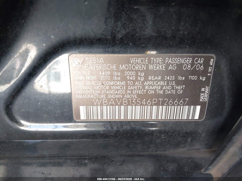 2006 BMW 3 series VIN WBAVB13546PT26667 IAAI salvage auction — FRONT & REAR, Salvage (California), sold $425 on 2026-07-18 (photo 9)