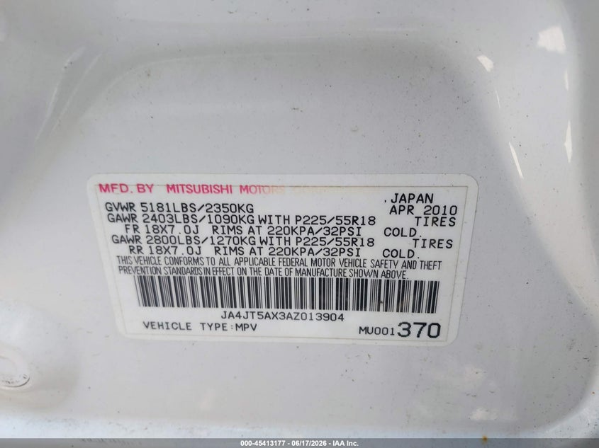 2010 Mitsubishi Outlander VIN JA4JT5AX3AZ013904 IAAI salvage auction — REAR END, Clear (New York), sold $300 on 2026-07-29 (photo 9)