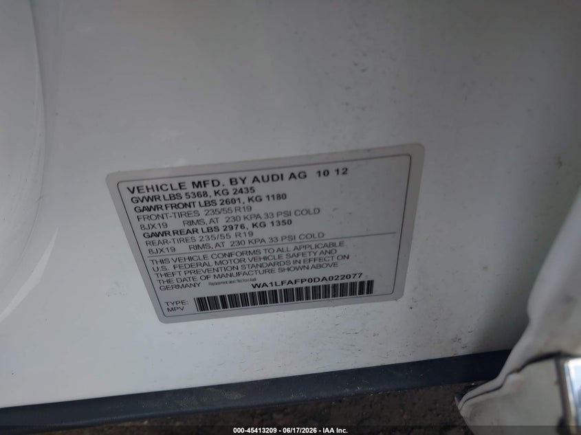 2013 Audi Q5 VIN WA1LFAFP0DA022077 IAAI salvage auction — FRONT END, Salvage (Massachusetts), sold $850 on 2026-07-24 (photo 9)