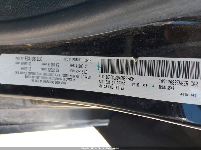 2015 Chrysler 200 VIN 1C3CCCABXFN677434 IAAI salvage auction — FRONT END, Salvage (Arizona), sold $975 on 2026-07-09 (photo 9)