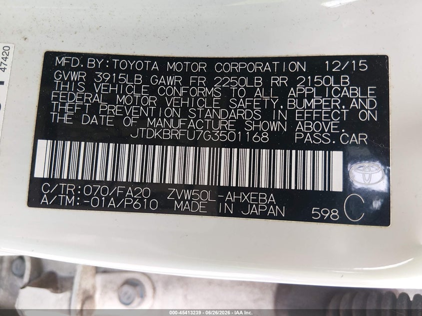 2016 Toyota Prius VIN JTDKBRFU7G3501168 IAAI salvage auction — LEFT & RIGHT, Salvage - 75% Or Less (Maryland), sold $4,550 on 2026-07-22 (photo 9)