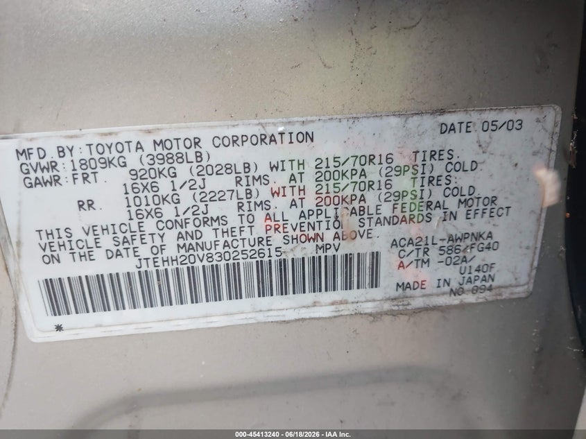 2003 Toyota Rav4 VIN JTEHH20V830252615 IAAI salvage auction — NORMAL WEAR, Clear (Massachusetts), sold $1,500 on 2026-07-17 (photo 9)