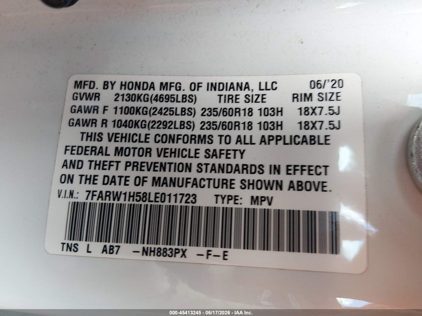 2020 Honda Cr-v VIN 7FARW1H58LE011723 IAAI salvage auction — LEFT SIDE, Salvage (Texas), sold $6,600 on 2026-07-21 (photo 9)