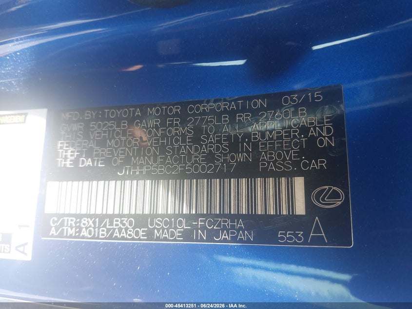 2015 Lexus Rc-f VIN JTHHP5BC2F5002717 IAAI salvage auction — FRONT END, Salvage Title, sold $18,100 on 2026-07-29 (photo 9)