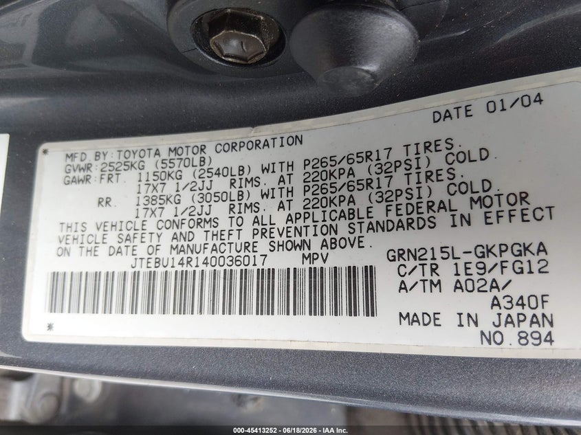 2004 Toyota 4runner VIN JTEBU14R140036017 IAAI salvage auction — REAR END, Salvage (South Carolina), sold $1,250 on 2026-07-21 (photo 9)