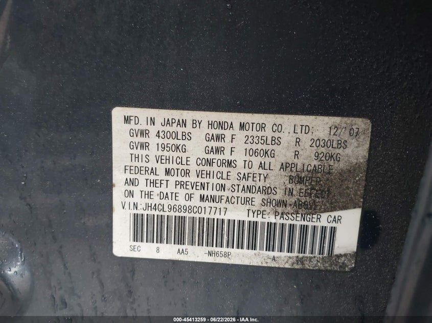 2008 Acura Tsx VIN JH4CL96898C017717 IAAI salvage auction — FRONT END, Salvage (Massachusetts), sold $400 on 2026-07-17 (photo 9)