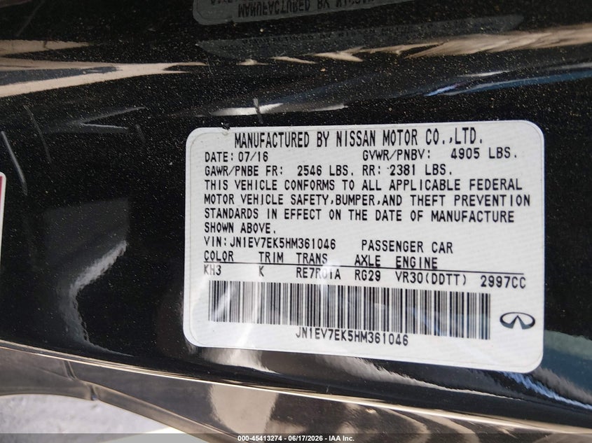 2017 Infiniti Q60 VIN JN1EV7EK5HM361046 IAAI salvage auction — FRONT END, Salvage (Massachusetts), sold $3,050 on 2026-07-07 (photo 9)