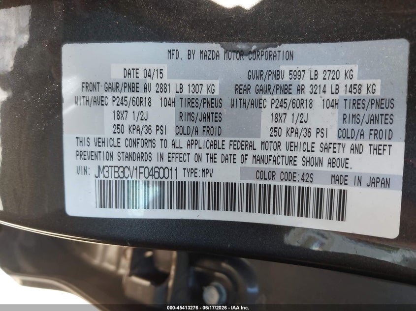 2015 Mazda Cx-9 VIN JM3TB3CV1F0460011 IAAI salvage auction — NORMAL WEAR, Clear (New Jersey), sold $1,000 on 2026-07-29 (photo 9)