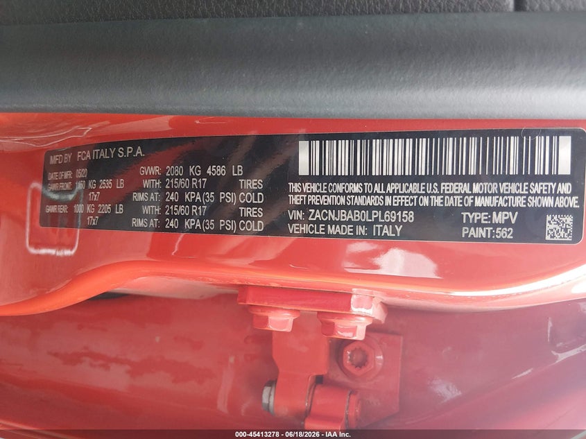 2020 Jeep Renegade VIN ZACNJBAB0LPL69158 IAAI salvage auction — HAIL, Salvage (Kansas), sold $6,250 on 2026-07-24 (photo 9)
